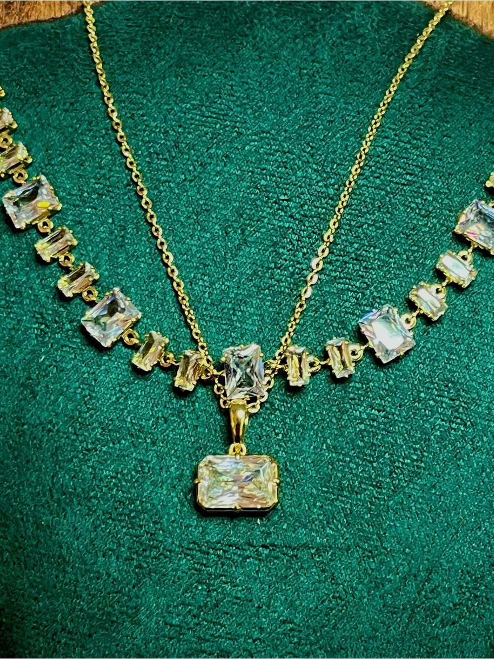 Elegant Gold-filled AAA CZ Emerald E-W Pendant Necklace & Emerald Cut Bracelet